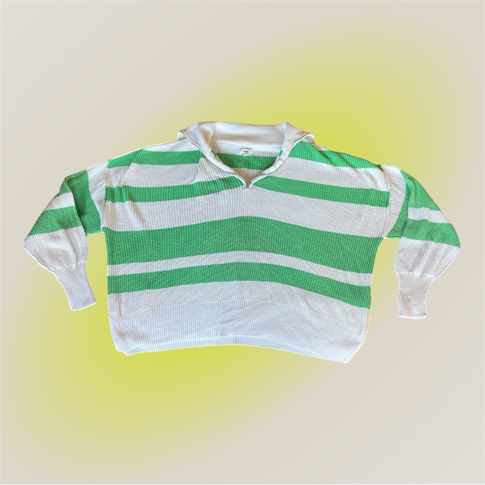 Aerie Green & White Striped Quarter Zip Cropped Sweater | 100% Cotton | M